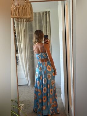 Hey chic Sunburst Print Blue Maxi Dress with Orange Accents